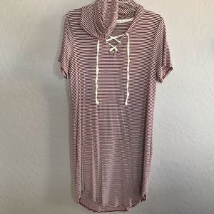 Maroon & White Strip Hoodie Casual Dress